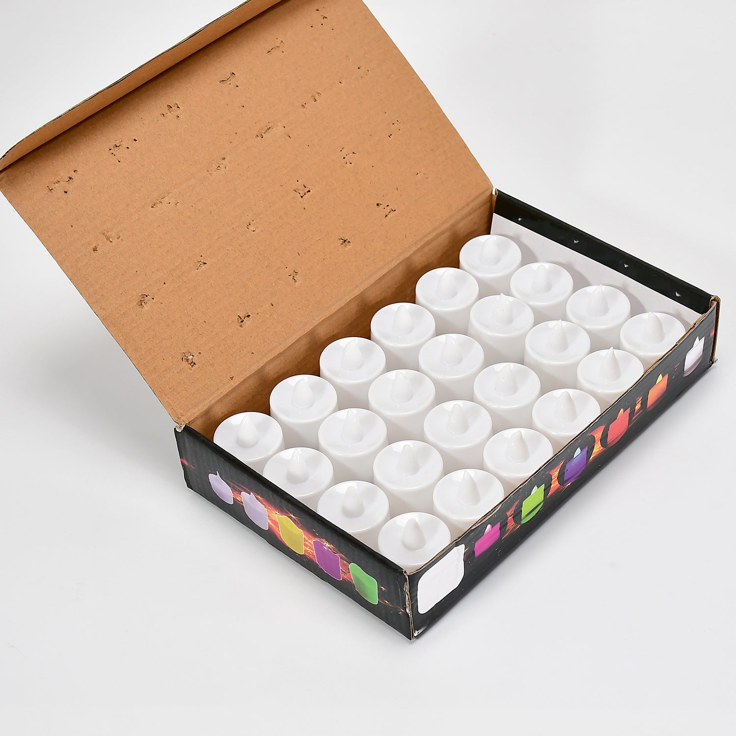 A full pack of 24 pink flameless LED tealights, ready for use.