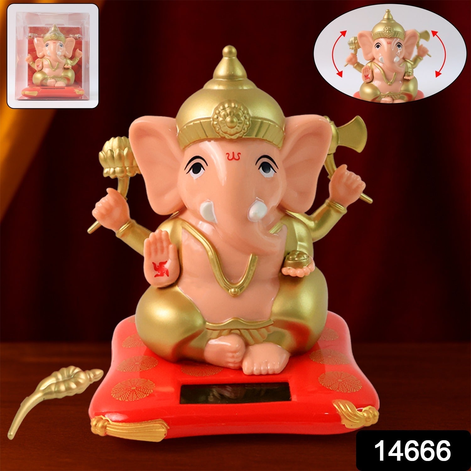 Solar Ganesha idol figurine enclosed in a transparent protective box with vibrant base