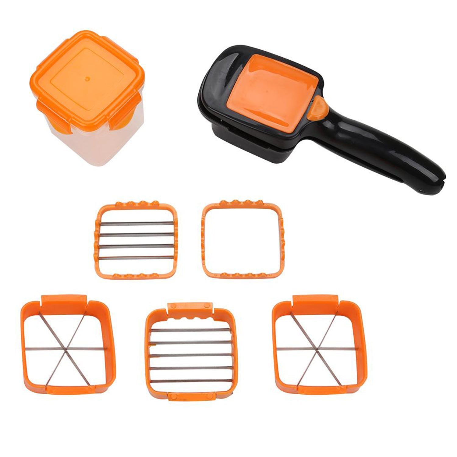 5-in-1 multi-functional vegetable chopper with various blades for kitchen tasks.