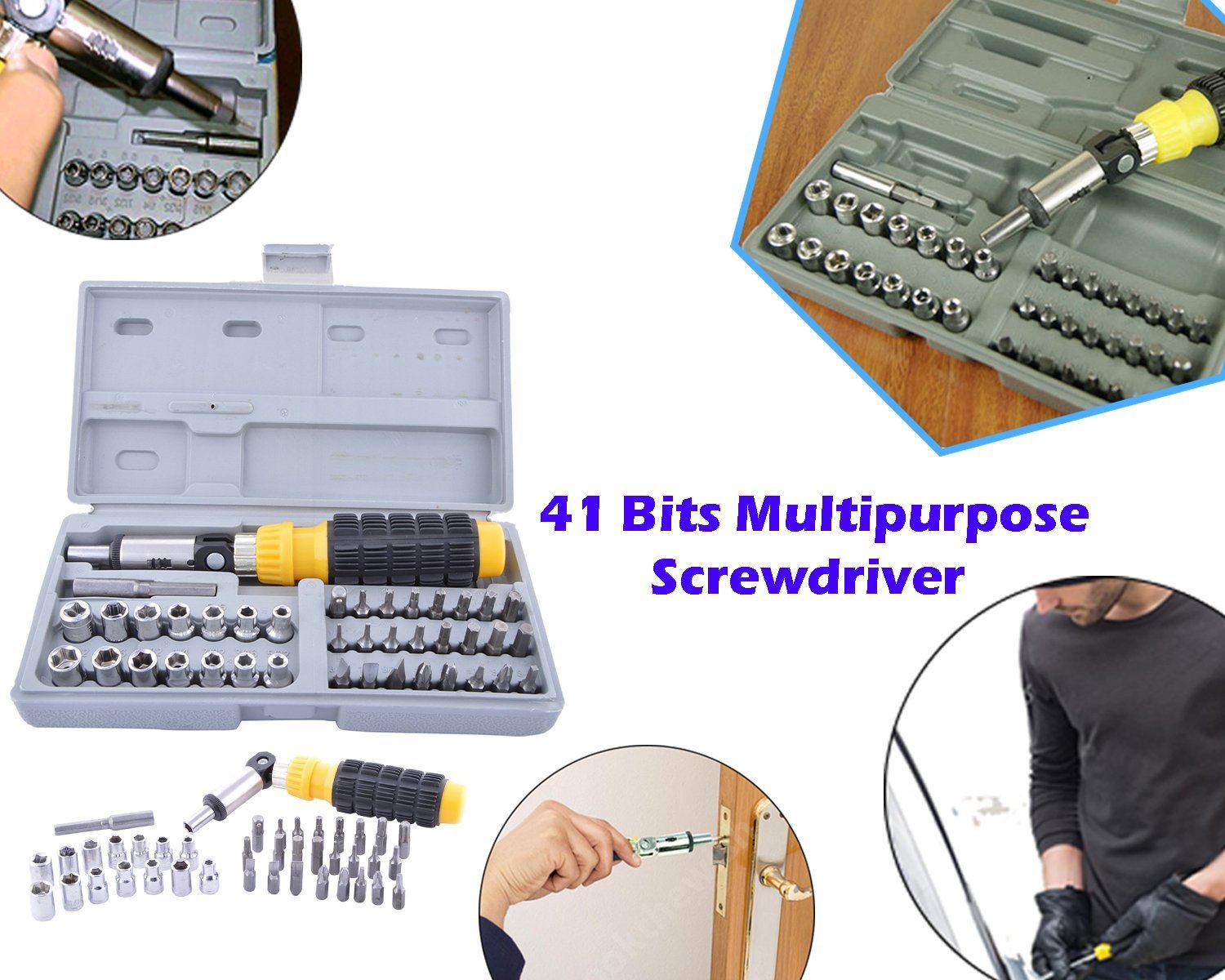 A complete 41-piece home repair tool kit featuring various sockets, bits, and a sturdy carry case.