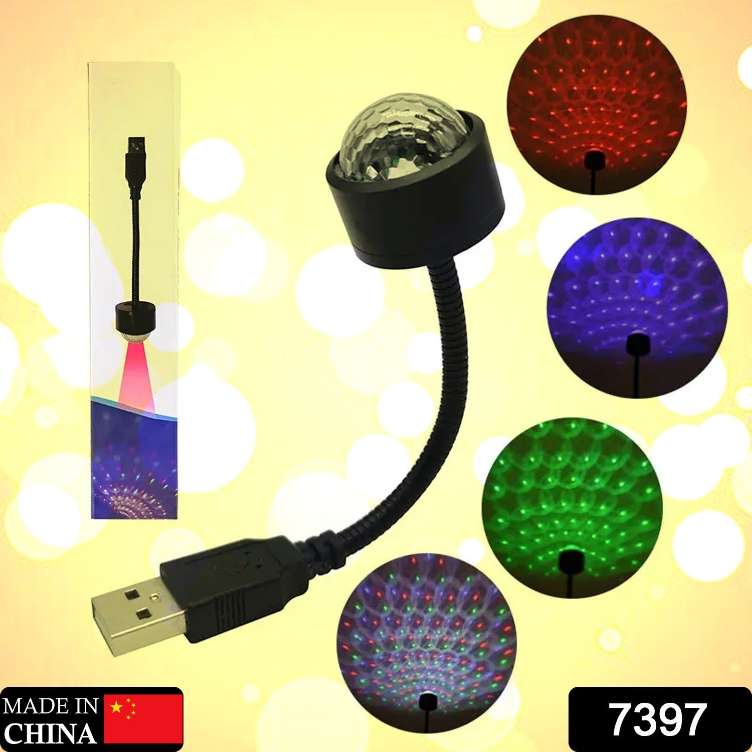 Mini disco ball light attached to a car's USB port, illuminating the interior.
