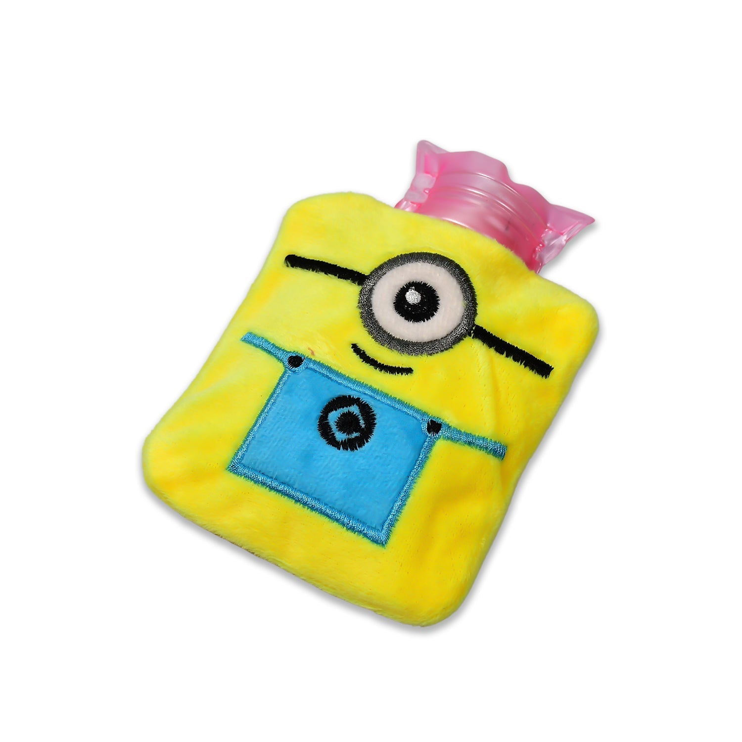 Minions hot water bag shown in use, offering comfort for menstrual cramps.