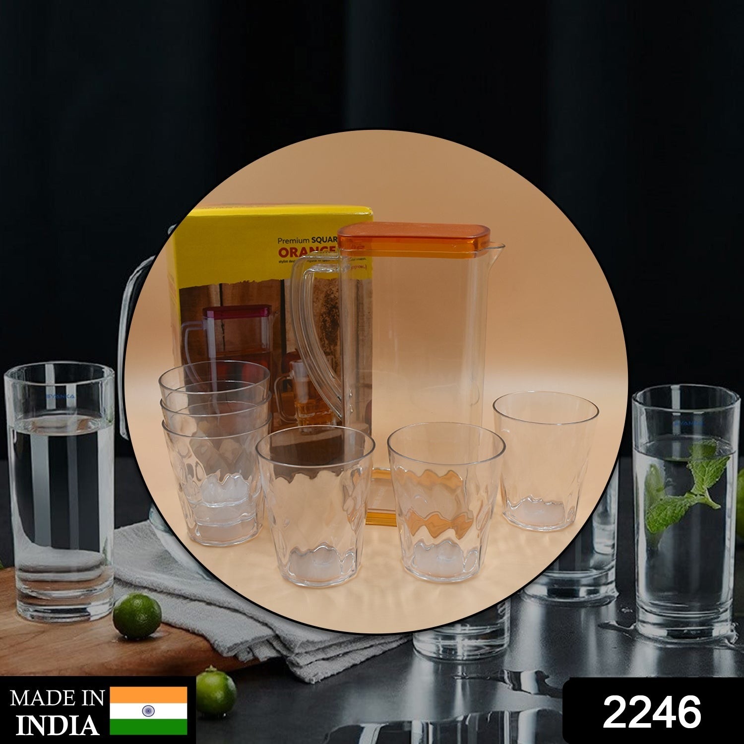 Ergonomic handle on the transparent plastic water jug for easy pouring.