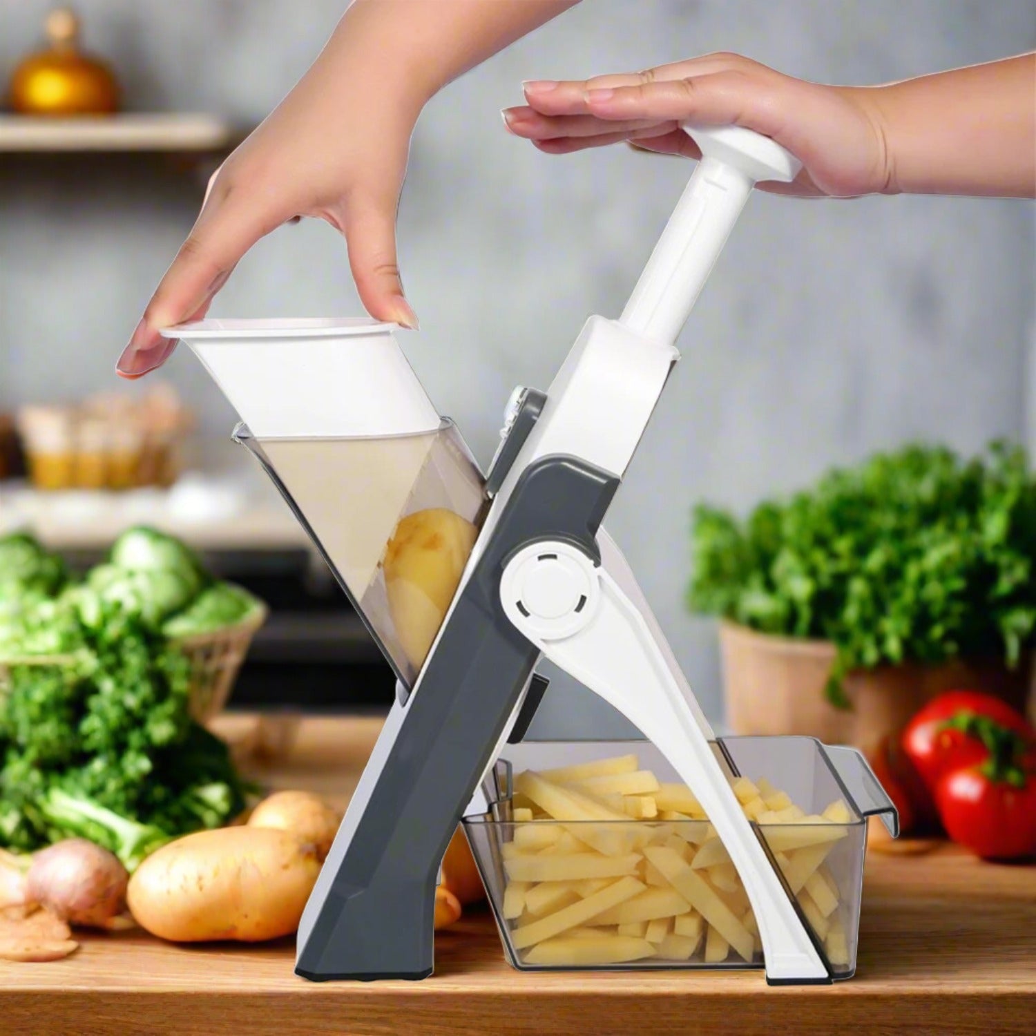 Efficient hand press chopper with built-in blades.