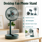 Foldable portable desktop fan ideal for personal cooling and phone support