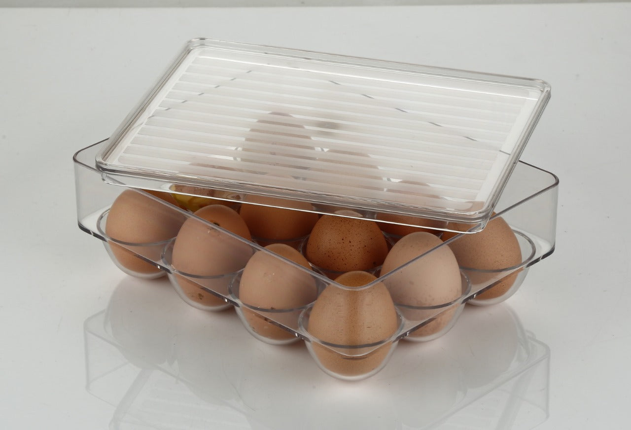 Stackable egg storage box with 12 compartments, shown empty.