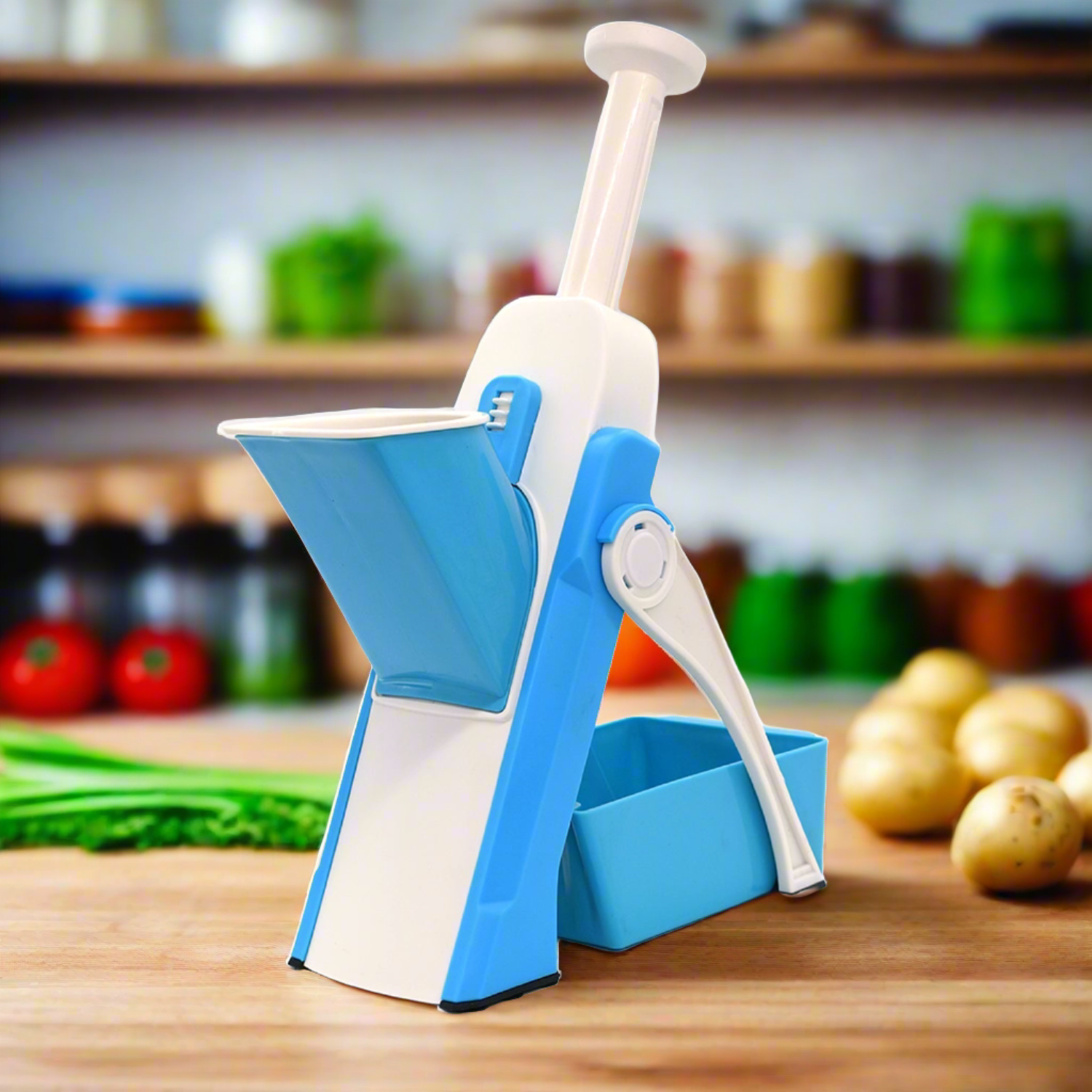 Ergonomic hand press vegetable chopper in action.