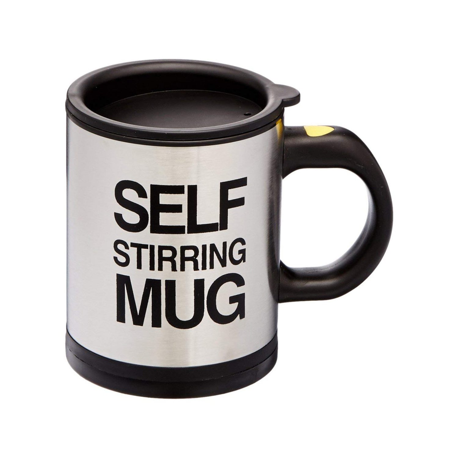 A person enjoying a perfectly mixed beverage from the portable Self Stirring Mug at their desk.