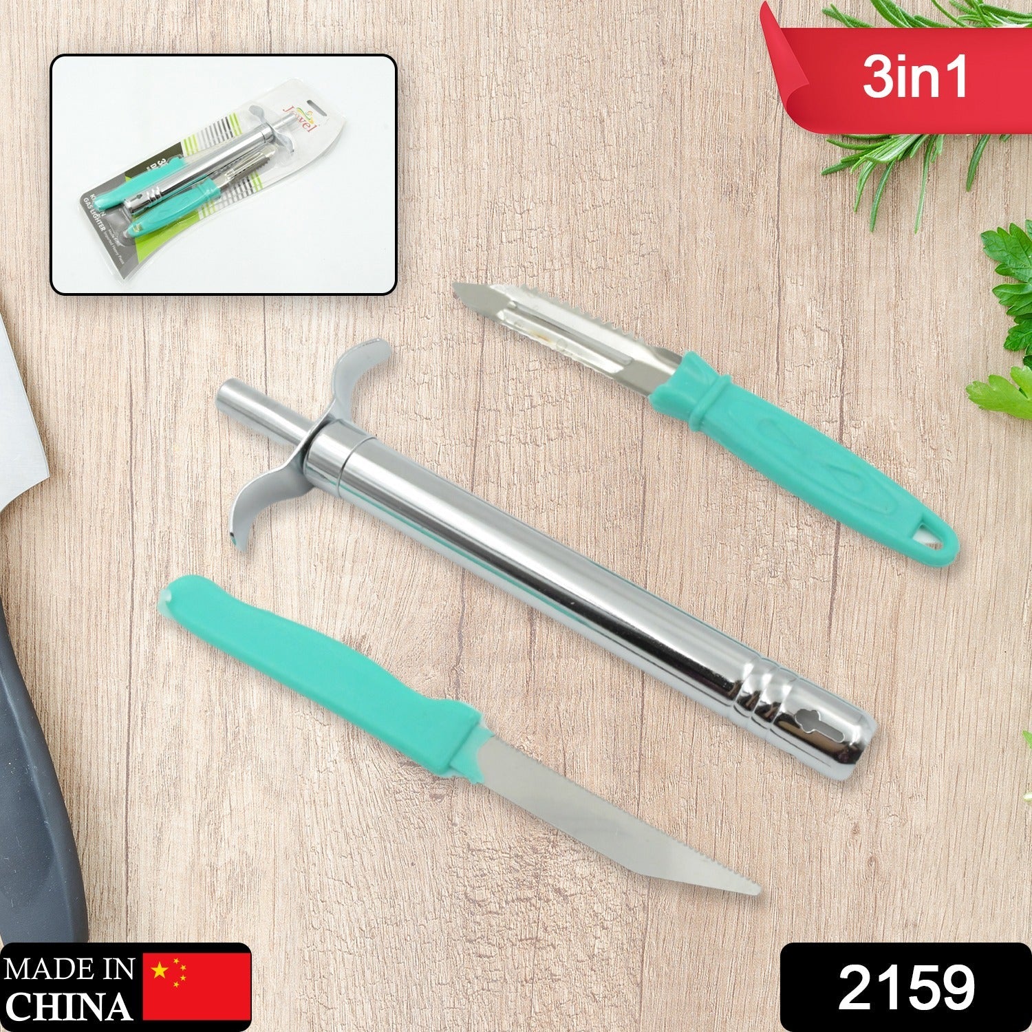 Close-up of the stainless steel kitchen knife, ergonomic peeler, and reliable gas lighter.