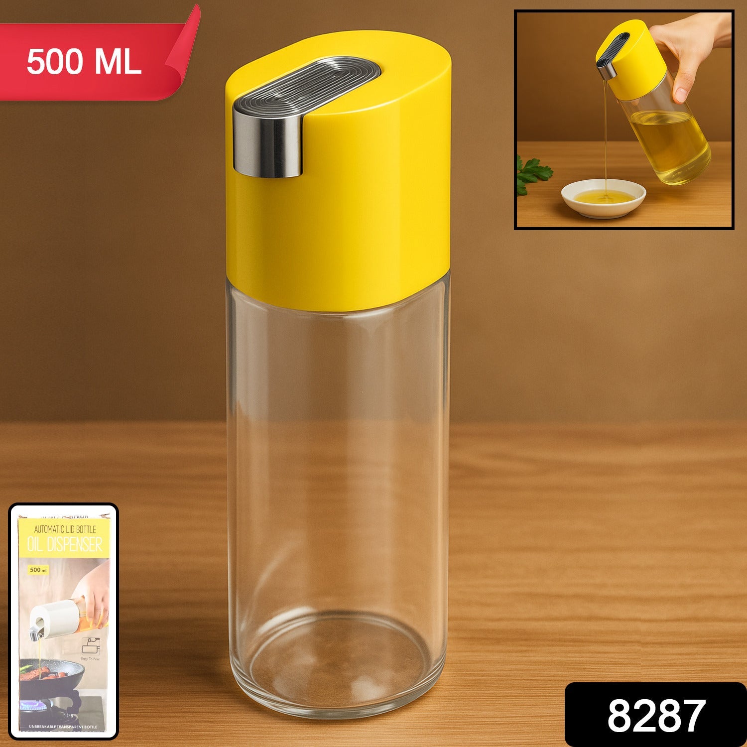 Automatic oil dispenser bottle with ergonomic yellow lid for freshness