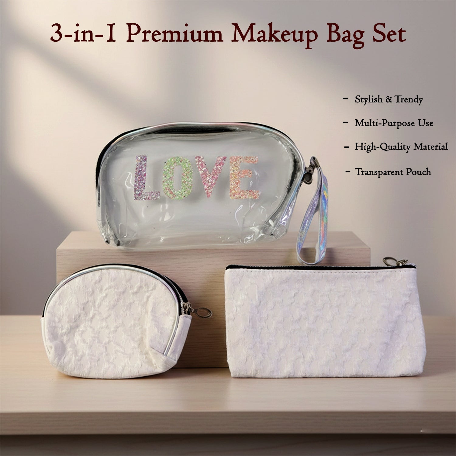 Front view of 3-in-1 premium makeup bag set with transparent and soft pouches