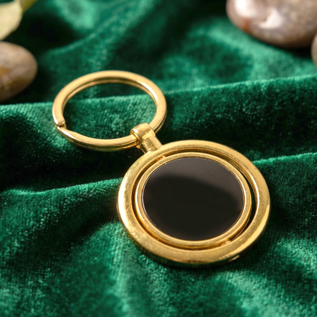 Gold Plated Keychain With Black Round Pendant Rotating (1 Pc)
