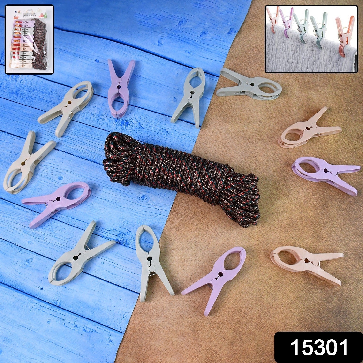 Clothes hanging securely using the cloth drying rope with strong clips