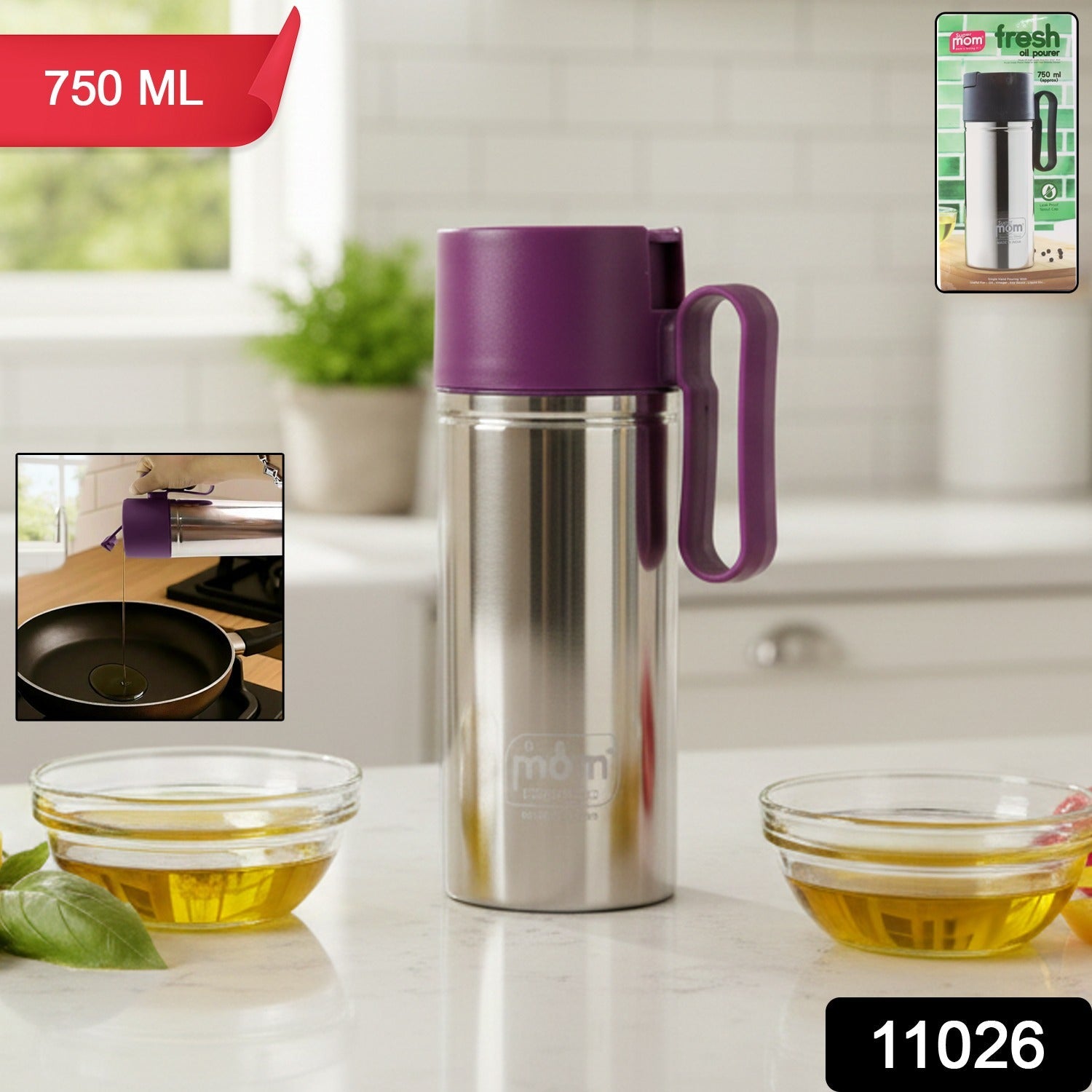 Close-up of stainless steel oil dispenser's ergonomic handle and spout