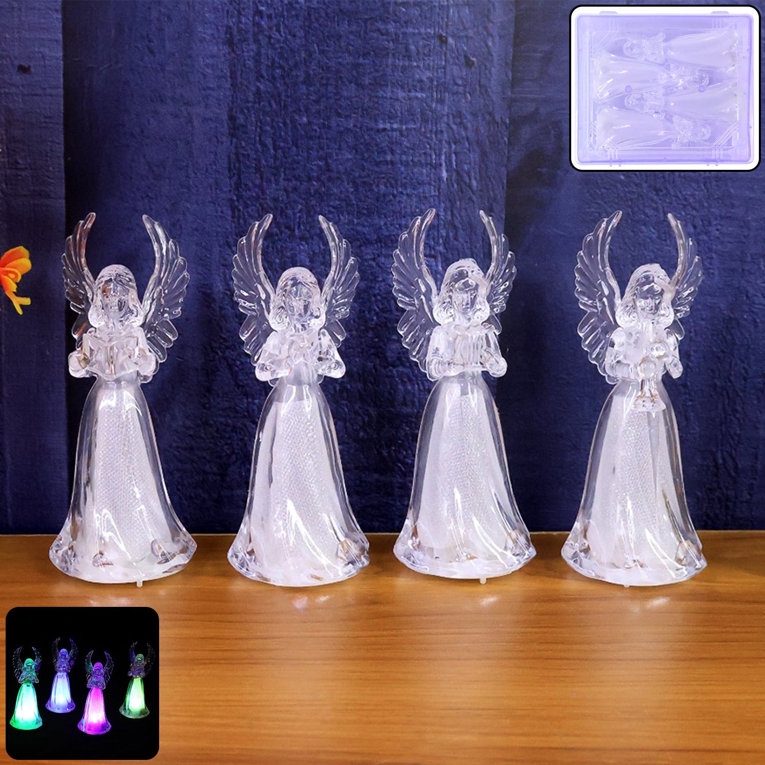 LED angel decorative lights glowing in warm multicolor hues