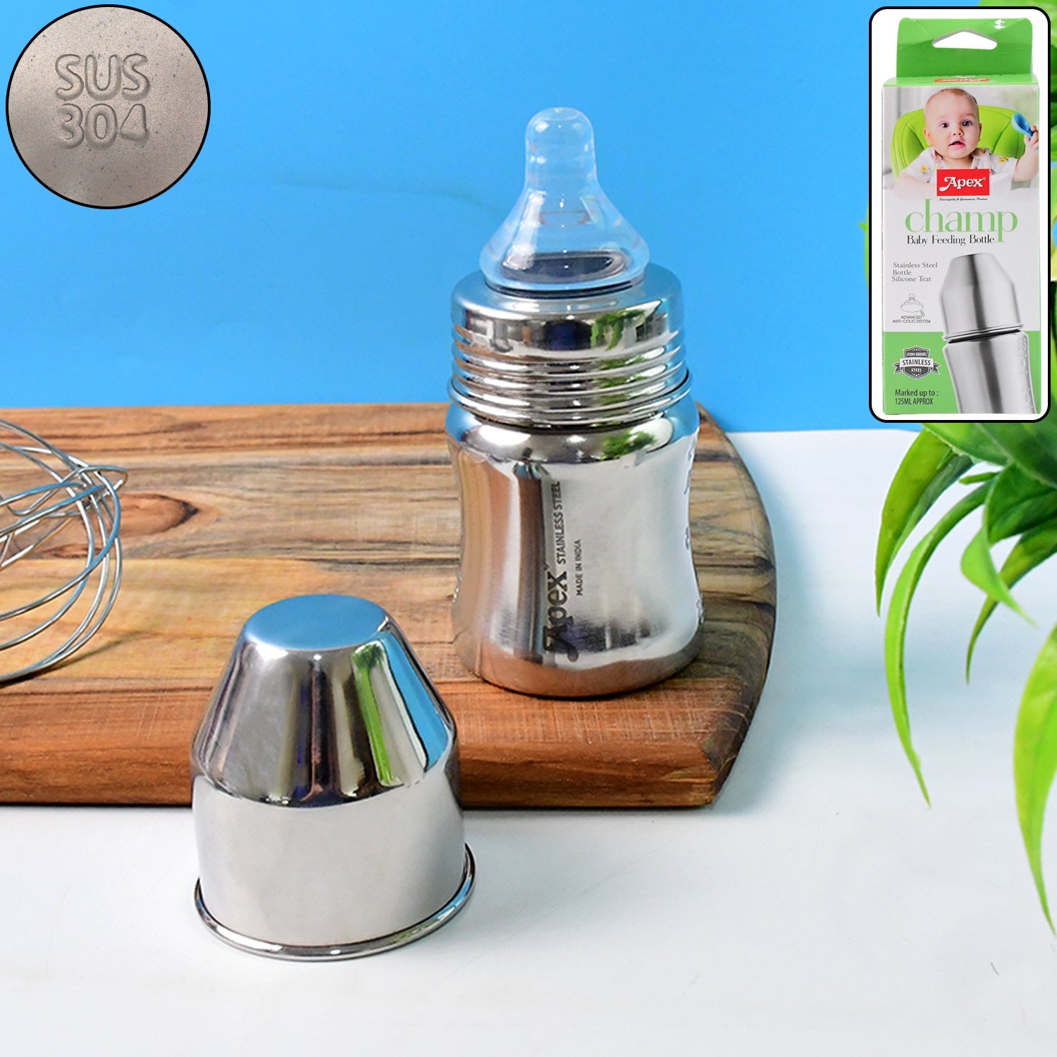 Stainless steel baby feeding bottle with BPA-free nipple, capacity 125 ML