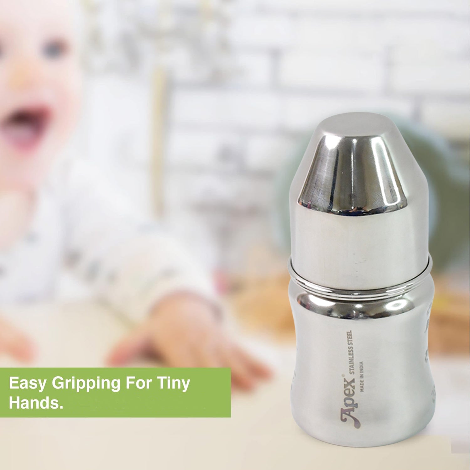 Leak-proof cap on stainless steel baby feeding bottle, 125 ML capacity