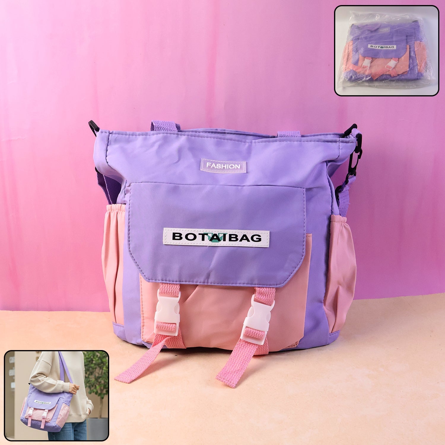Side view of multi-pocket shoulder tote bag highlighting outer pockets