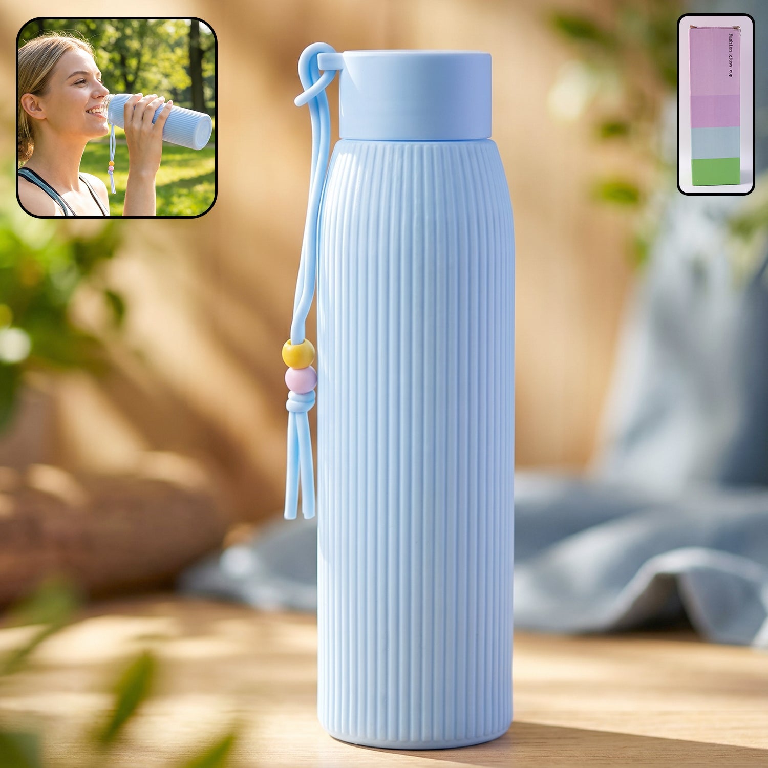 Textured glass water bottle with protective sleeve and leakproof lid