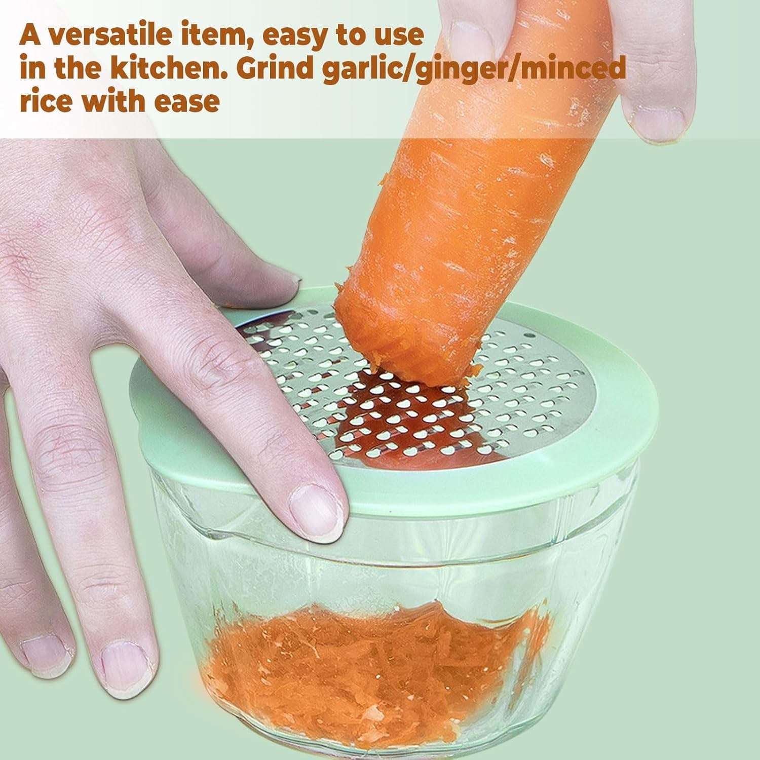 Compact manual vegetable grater showing corn kernels collected in storage bowl