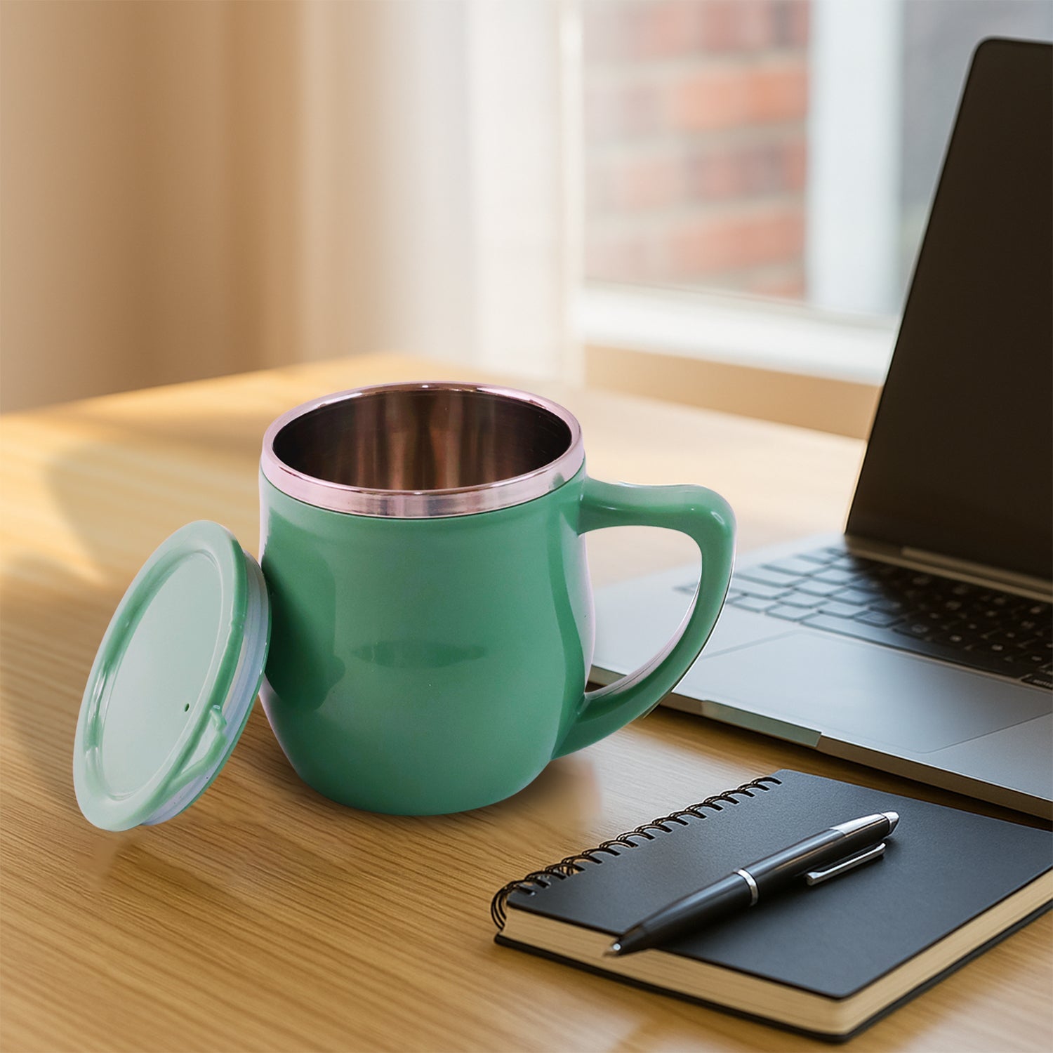 Desk mug featuring rounded handle and stable wide base