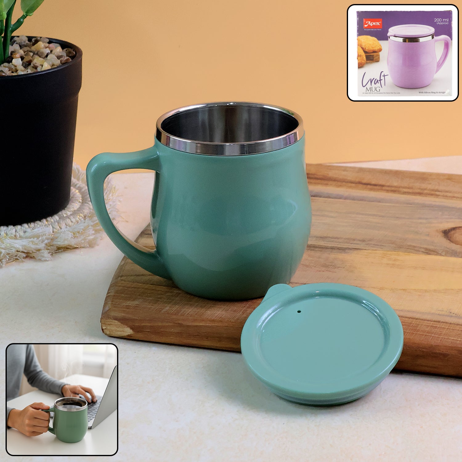 Double-wall desk mug with spill-resistant lid for hot beverages