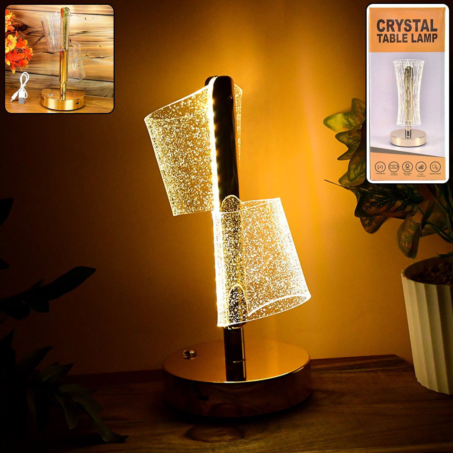 Crystal LED Double Shade Table Lamp with golden base shining brightly