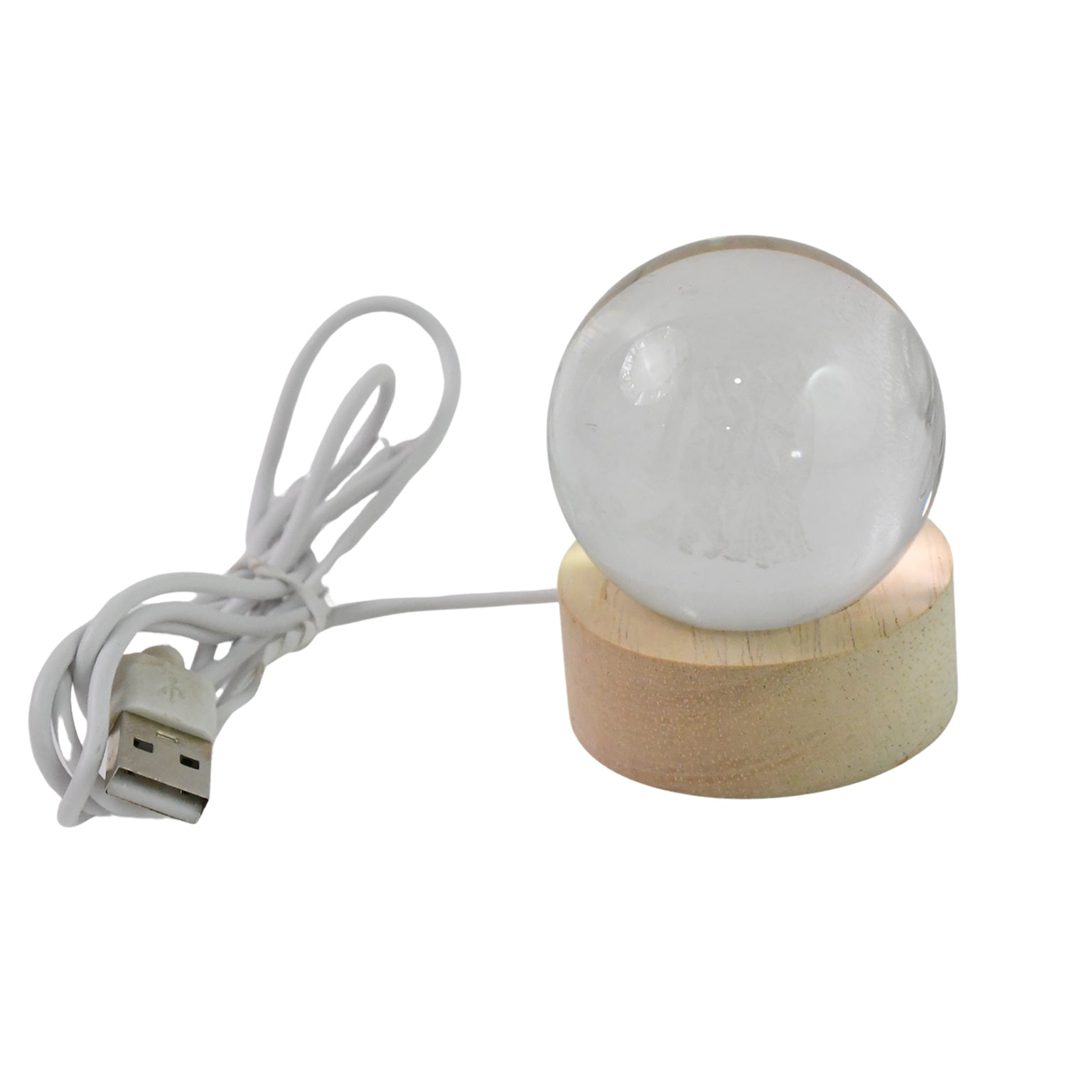 Radha Krishna 3D crystal lamp with USB power cable for easy setup.