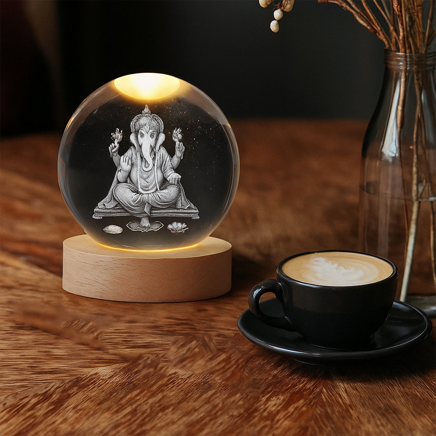 3D Crystal Ball Lamp with a vibrant solar system design on a wooden base.