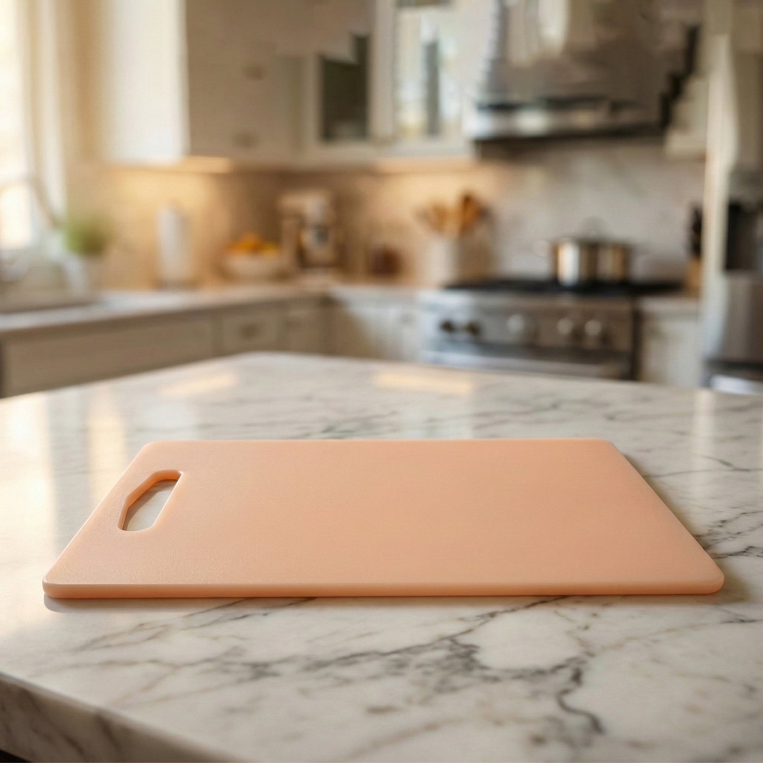 Fruit cutting on plastic chopping board with built-in handle