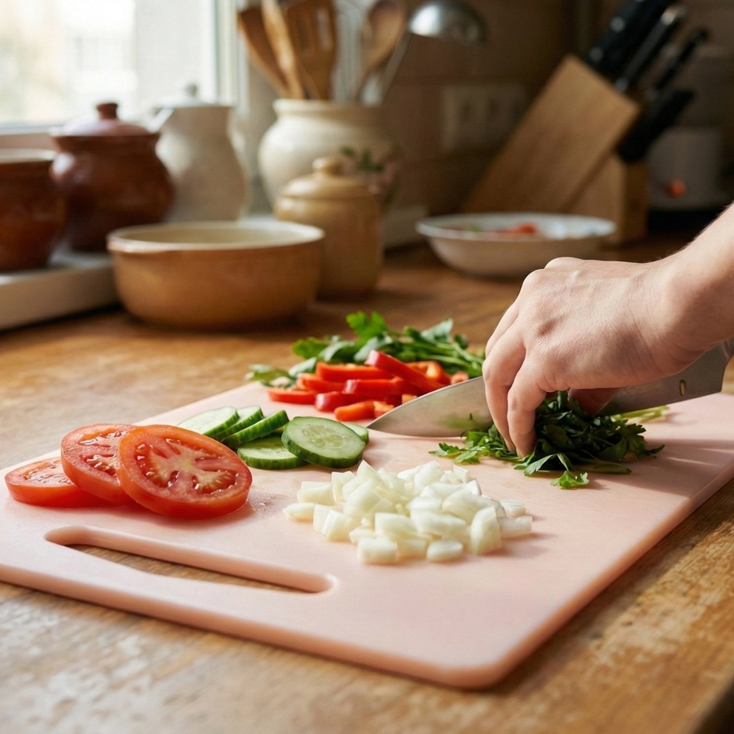 Rectangular plastic chopping board for vegetables