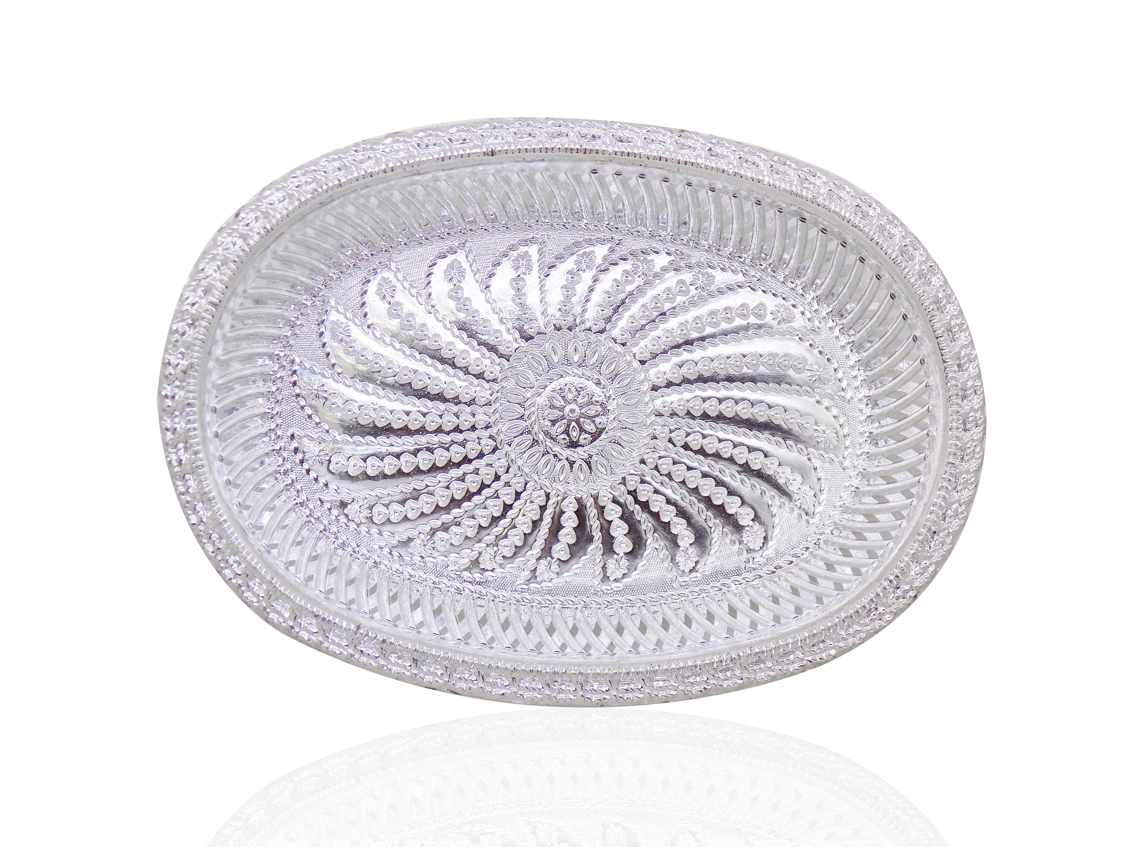 Top-down view of the oval silver serving tray, ideal for festive spreads.