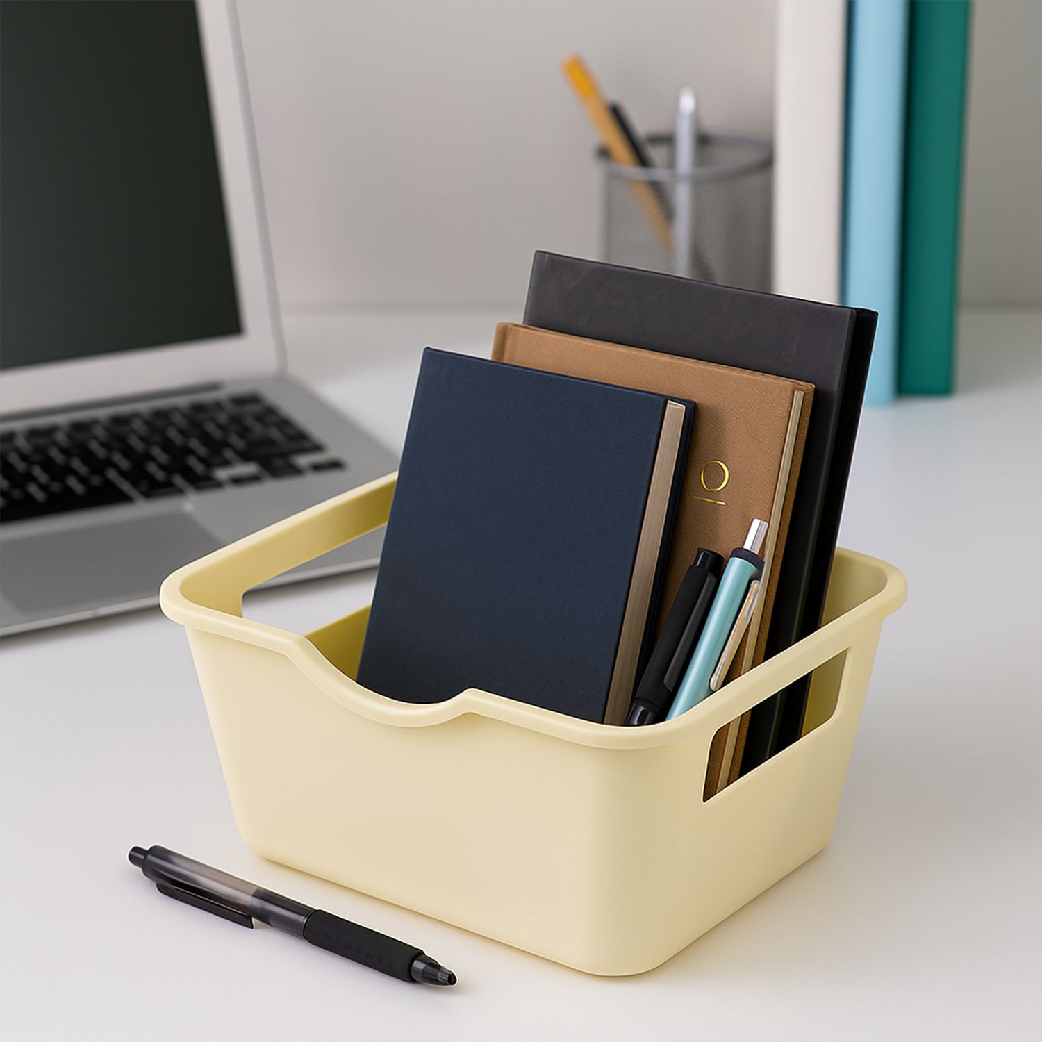 Small durable plastic storage basket ideal for office and home use