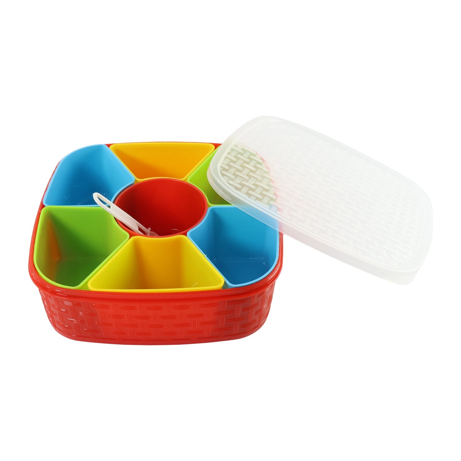 Front view of colorful dry fruit snack box with assorted nuts and candies