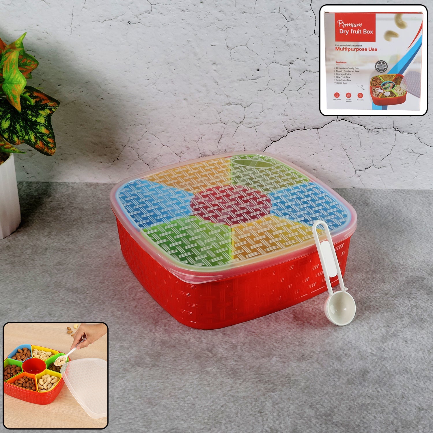7-compartment BPA-free dry fruit box with clear snap-fit lid and spoon