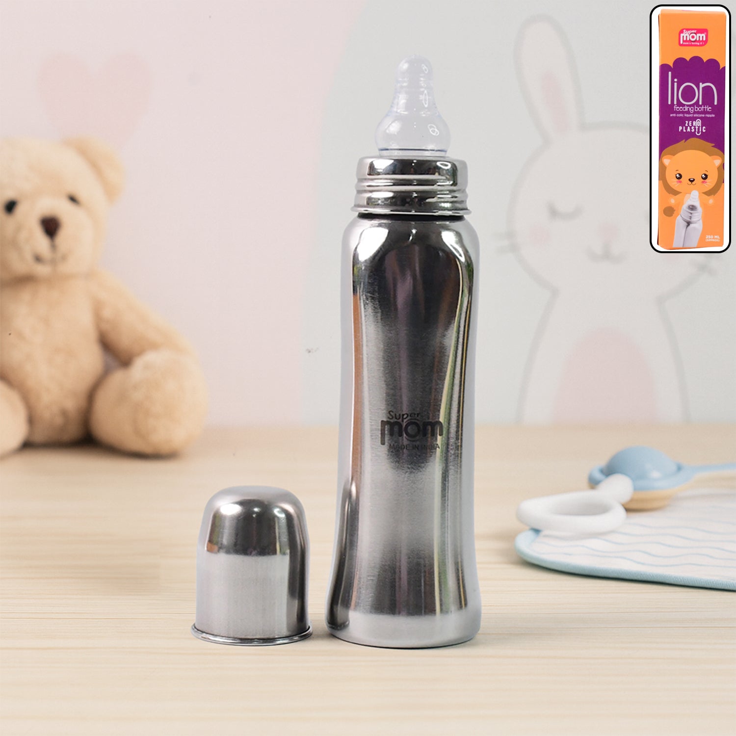Anti-Colic Stainless Steel Feeding Bottle with Lion Design 250ml