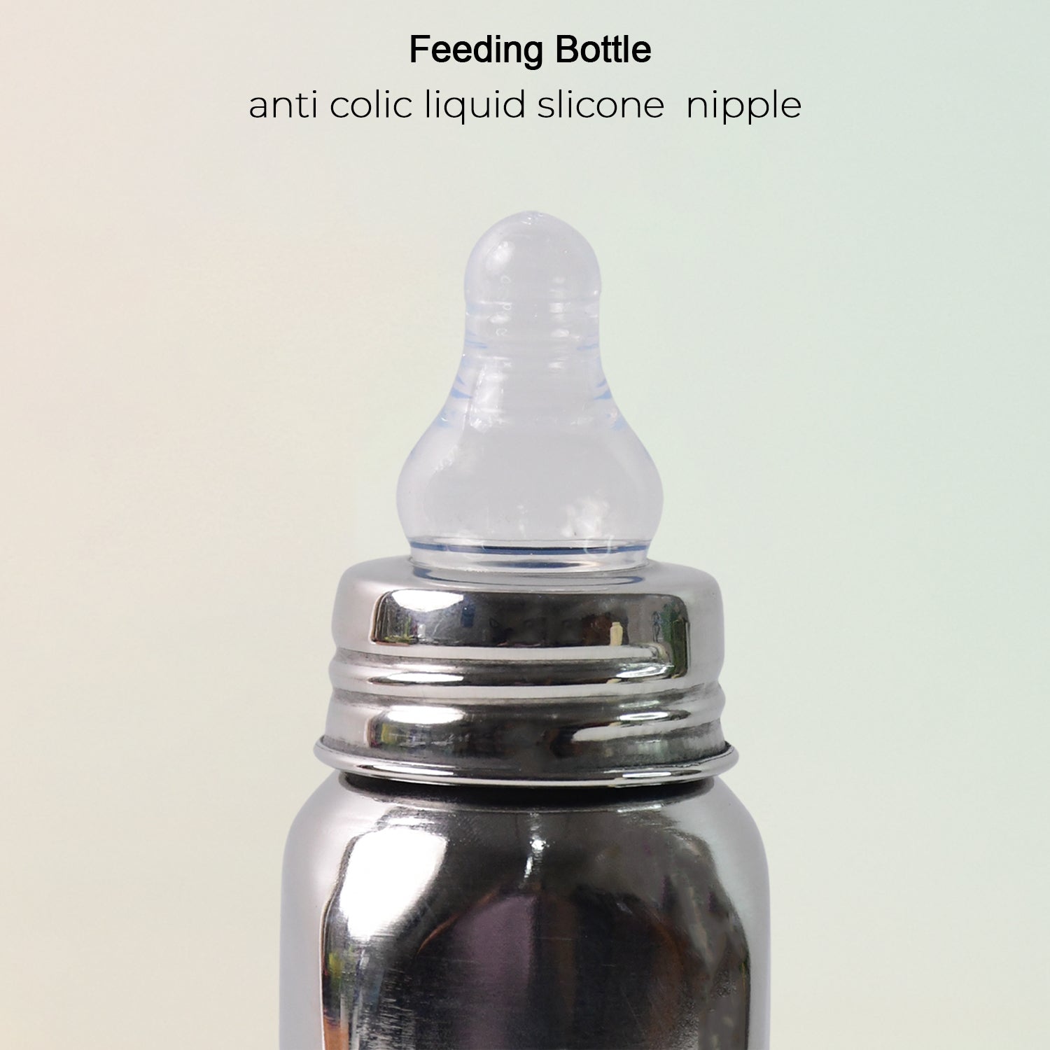 Close-up view of Anti-Colic Silicone Nipple on Feeding Bottle