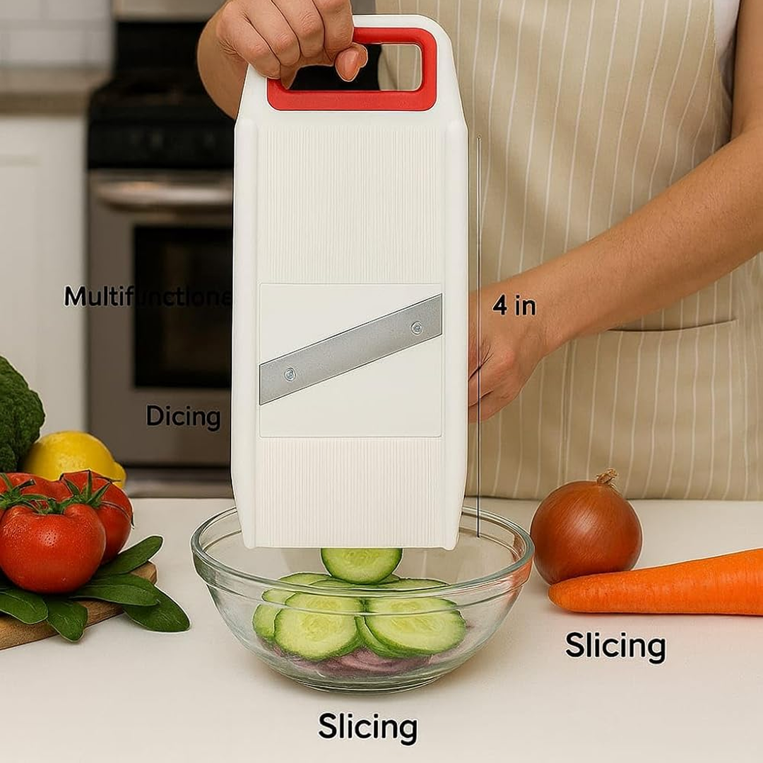 Diagram showcasing the different stainless steel blade attachments for the Quickslice vegetable grater.