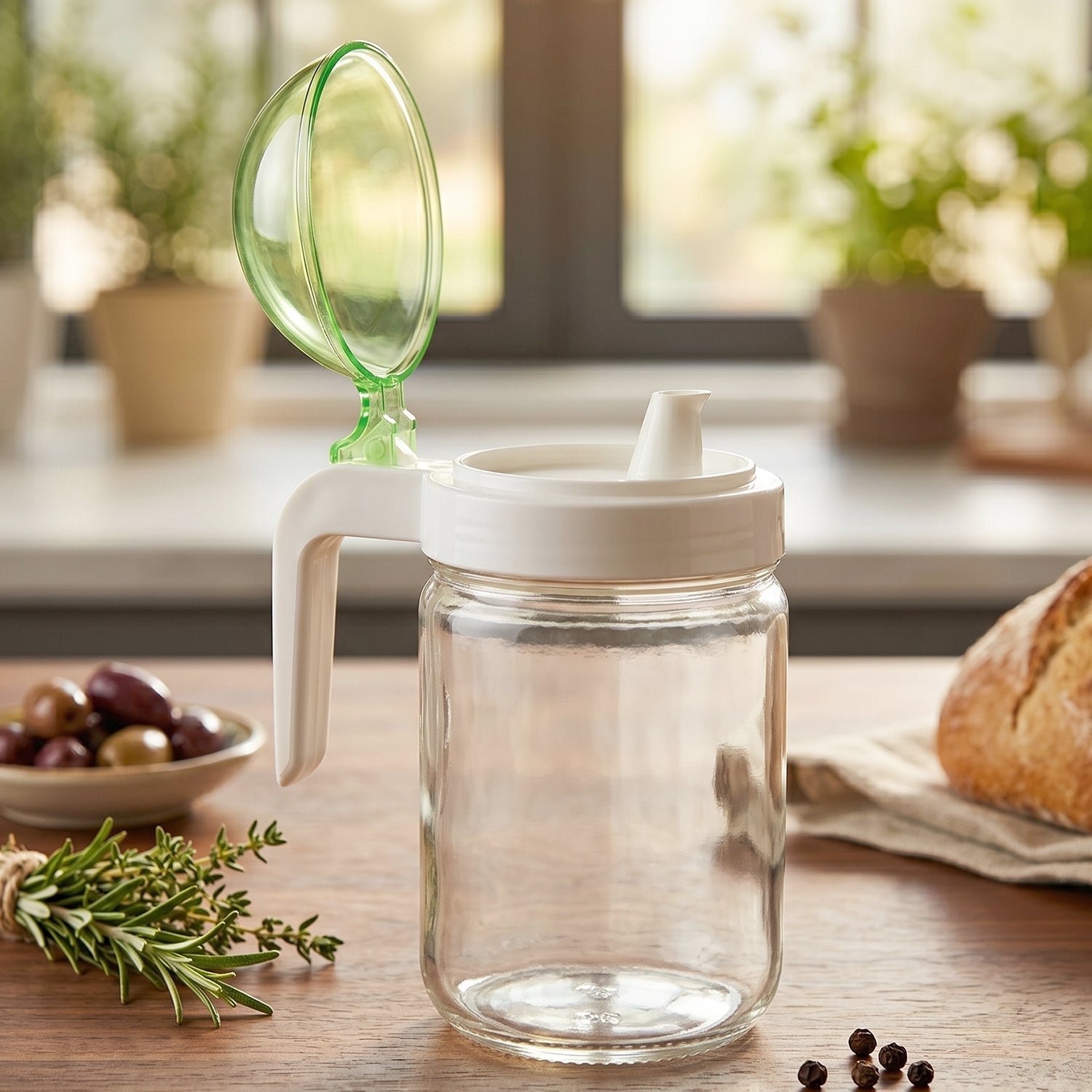 Kitchen oil dispenser bottle with green lid for controlled pouring