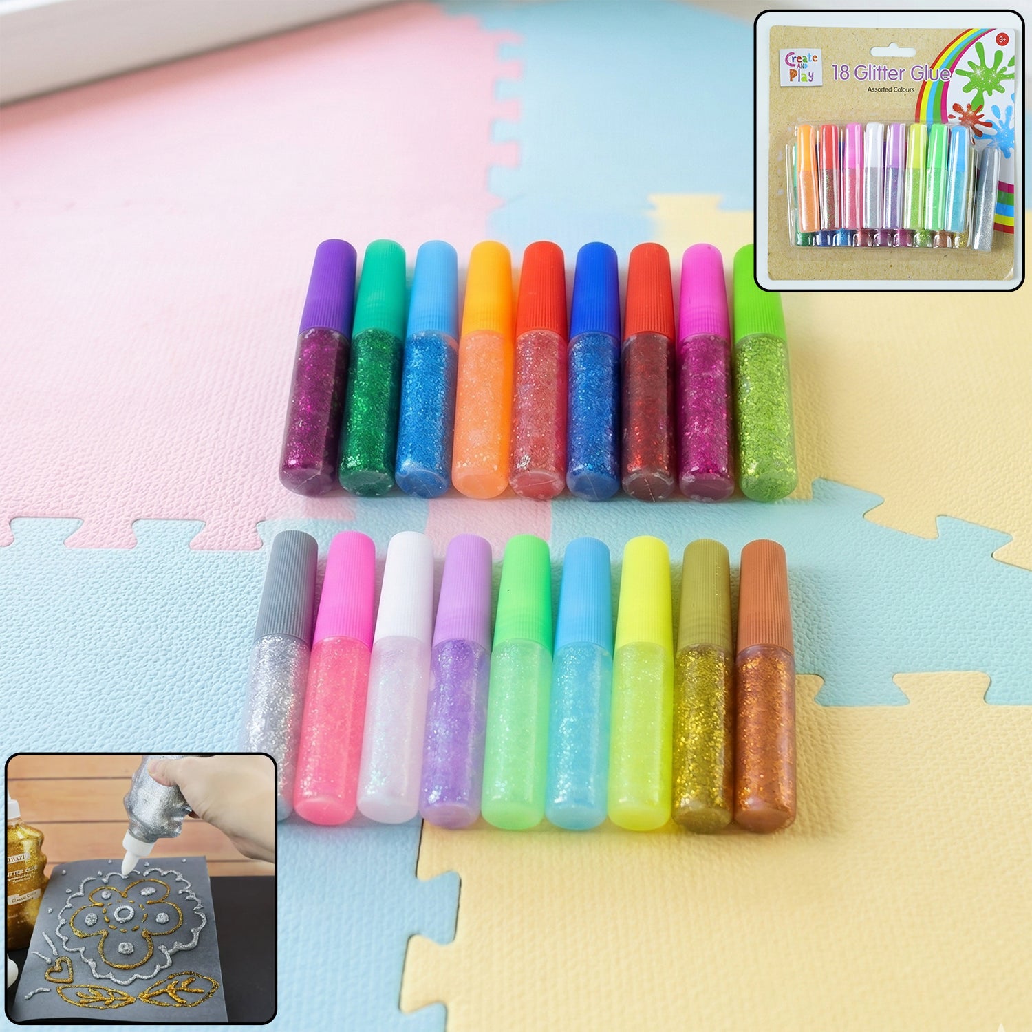 Vibrant set of glitter glue pens for crafts and decoration