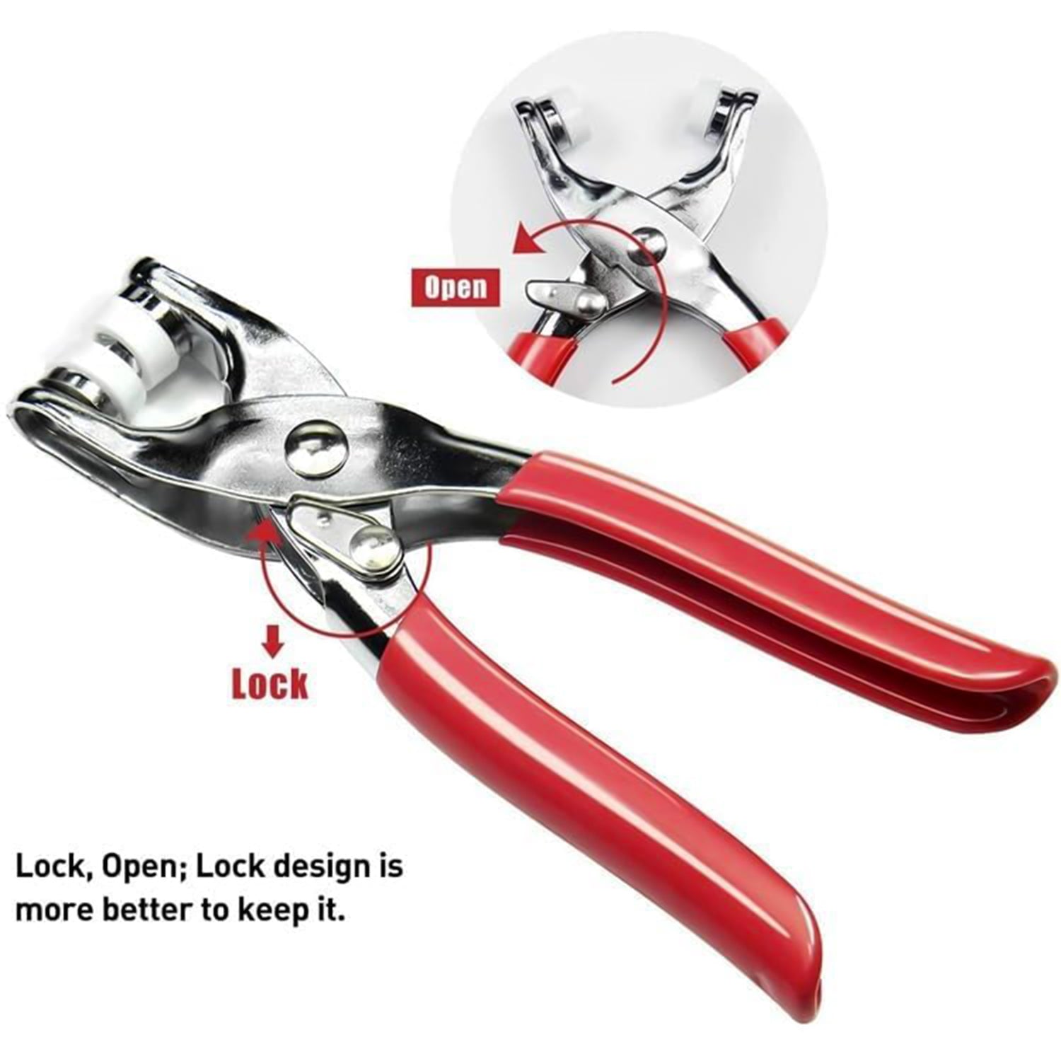 Snap button plier kit displaying various colored metal fasteners