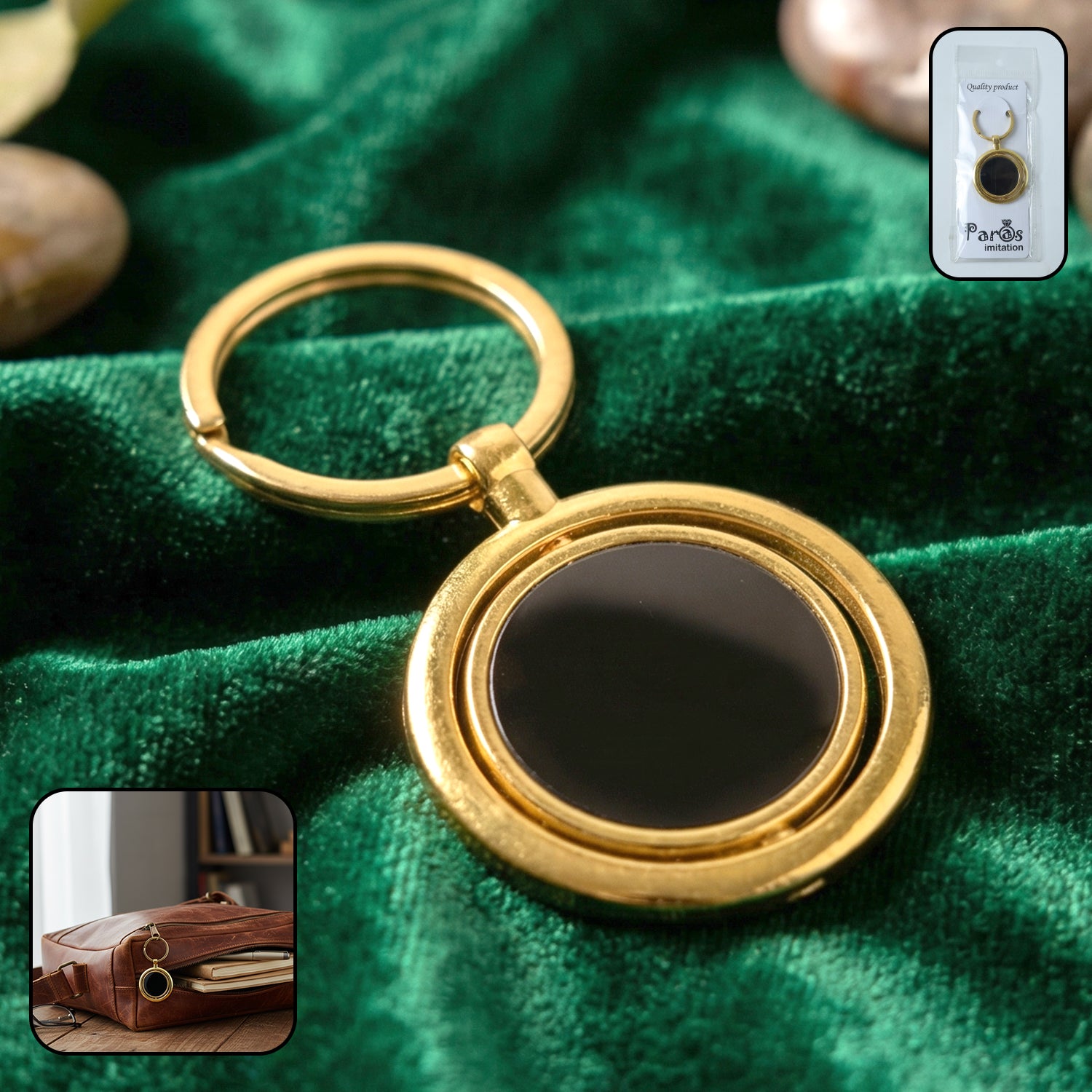 Gold Plated Keychain With Black Round Pendant Rotating (1 Pc)