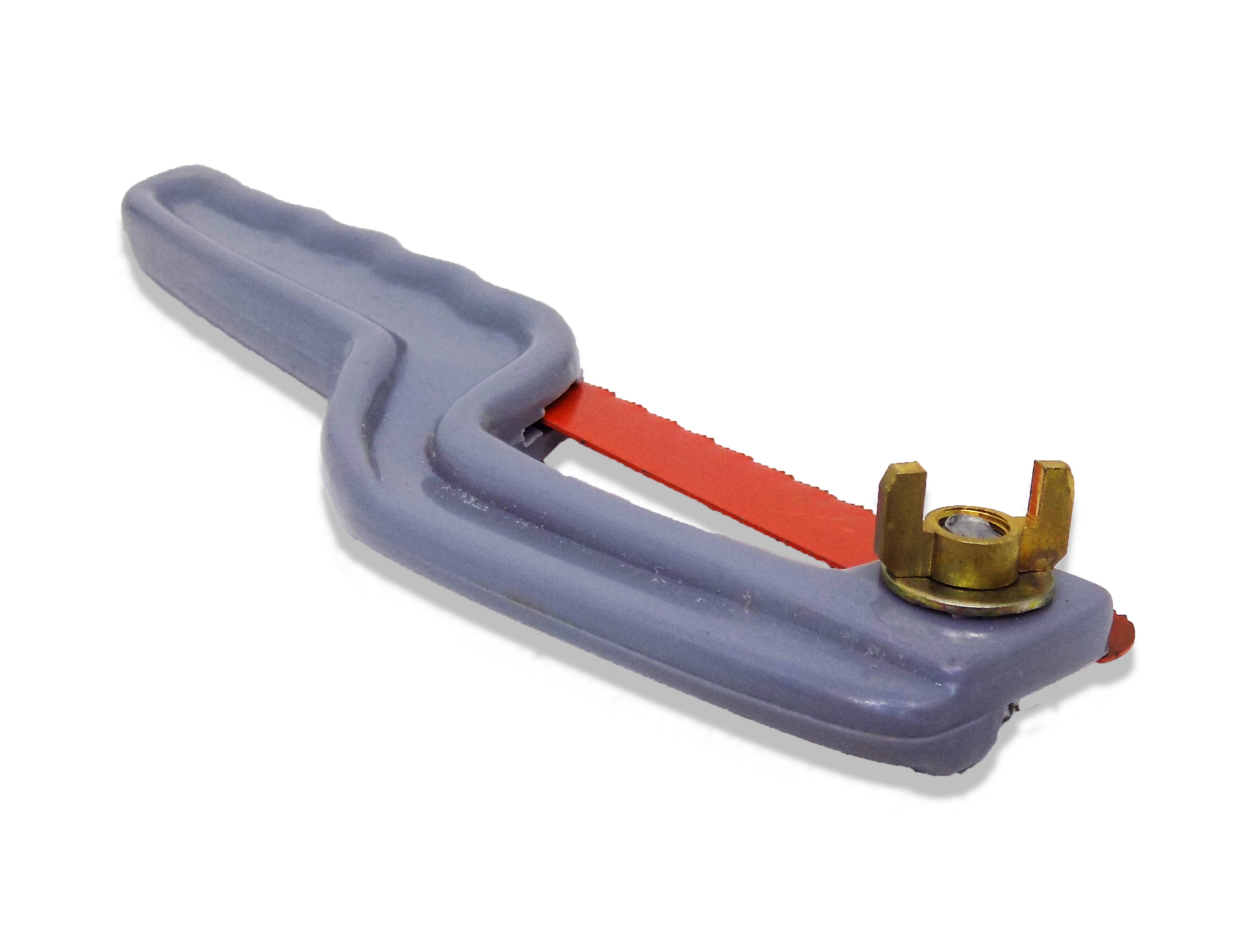 Close-up of a BoltForce Mini Hacksaw, showing its metal frame and high carbon steel blade.