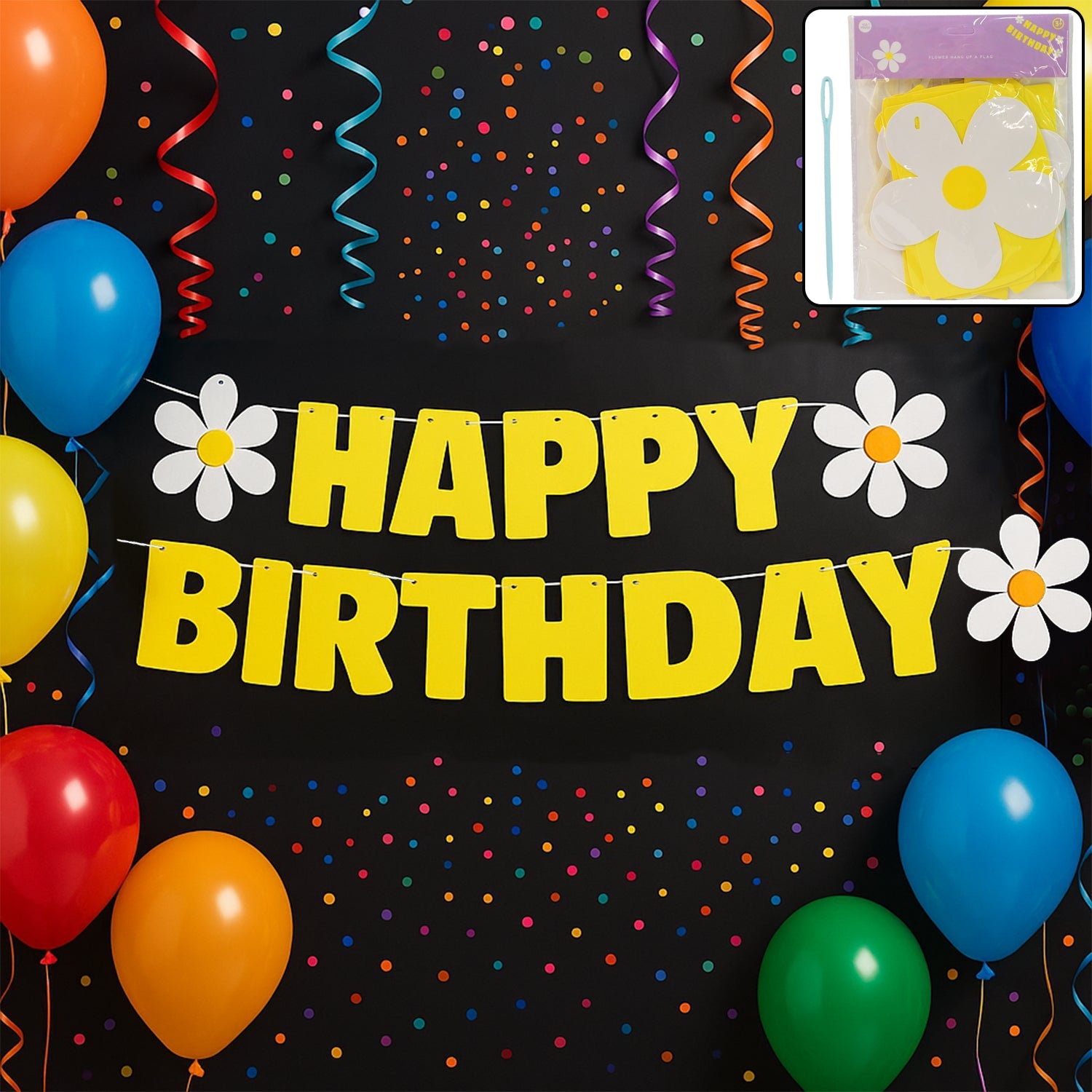 Birthday banner set with vibrant floral letters for party decoration