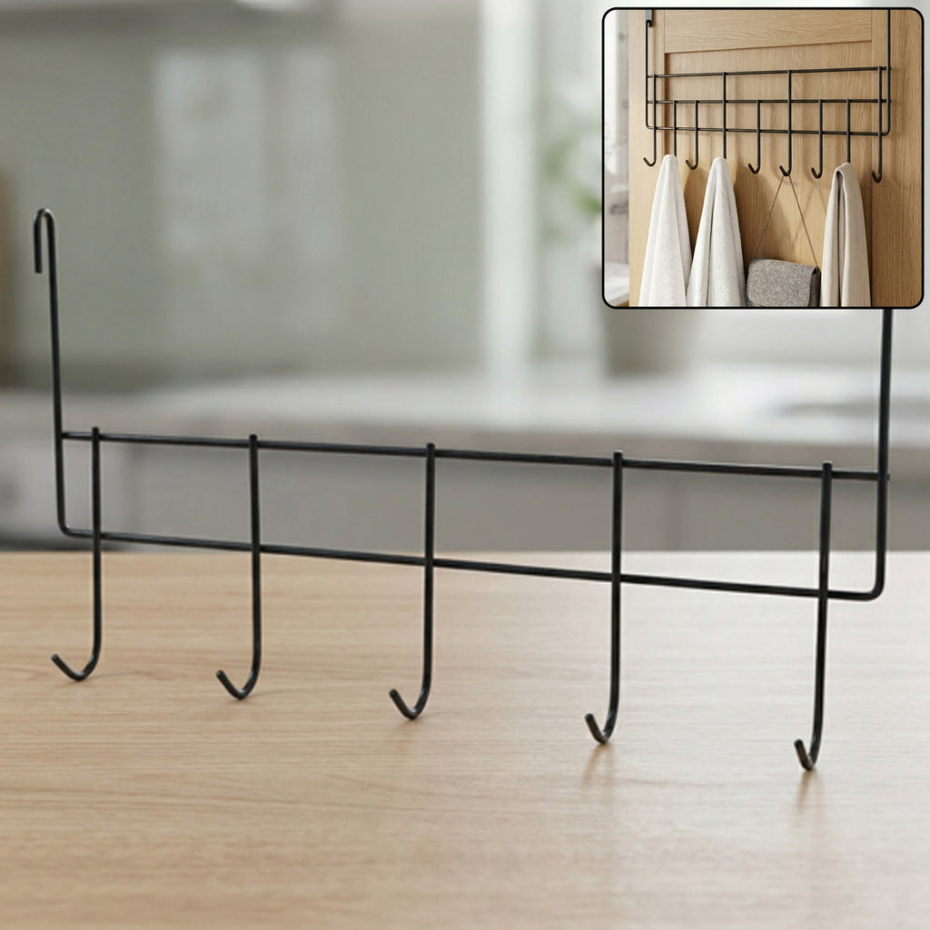 Over door metal hook rack with five sturdy hooks