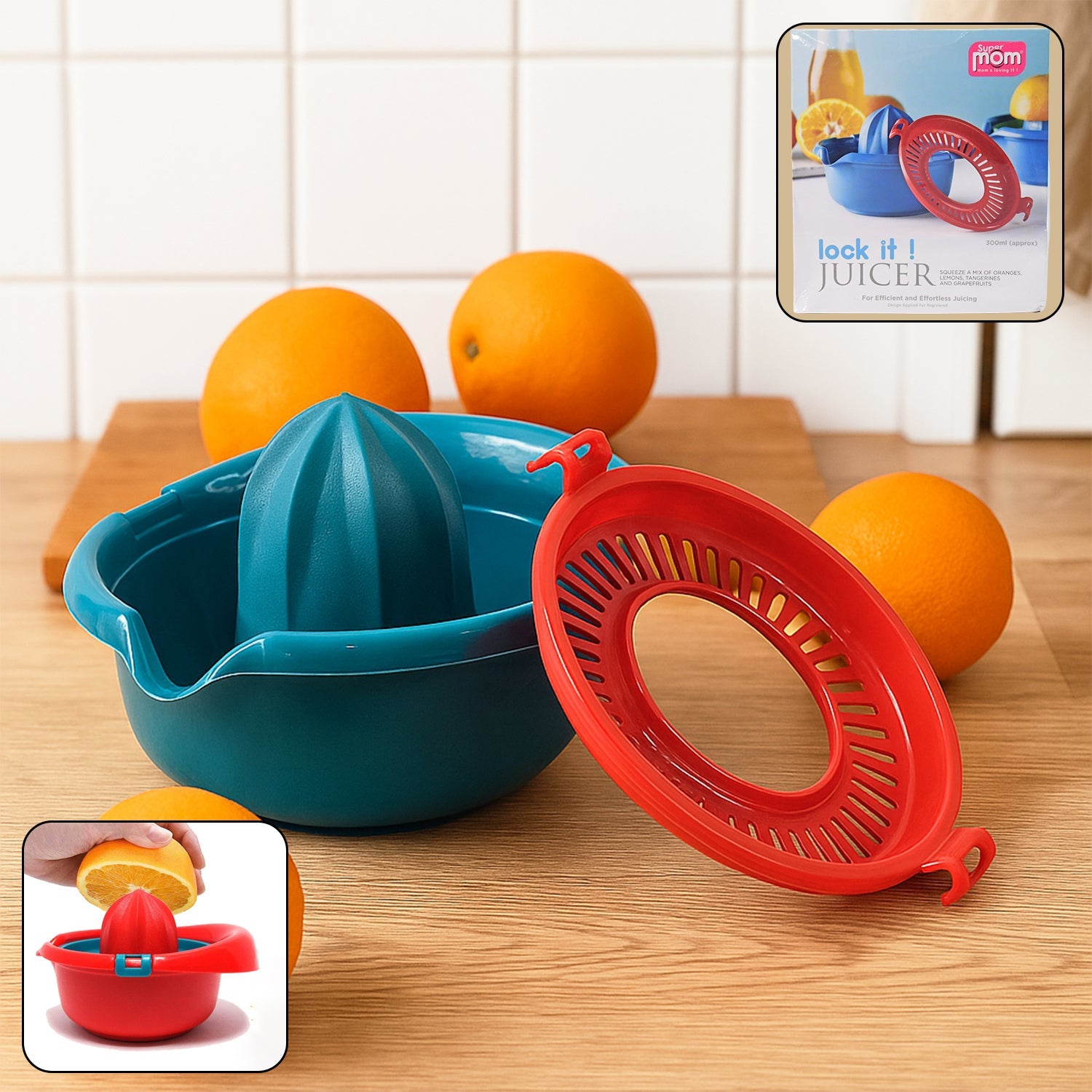 Manual citrus juicer showing secure lock system for spill-free juicing
