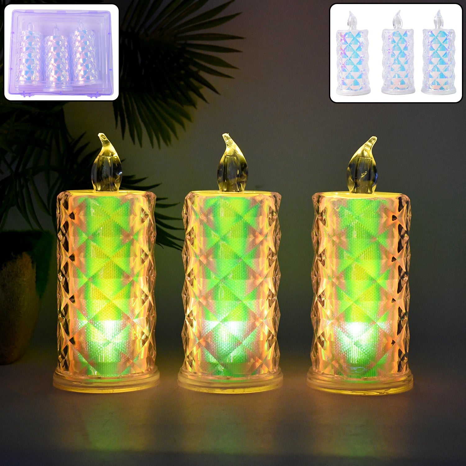 Set of 3 LED flameless decorative candle lights with crystal pattern