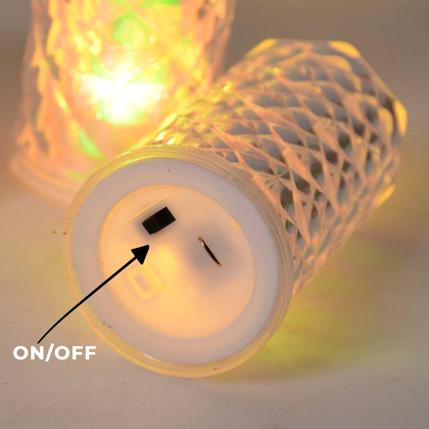 Close-up of LED candle lights showing crystal diamond-cut body design