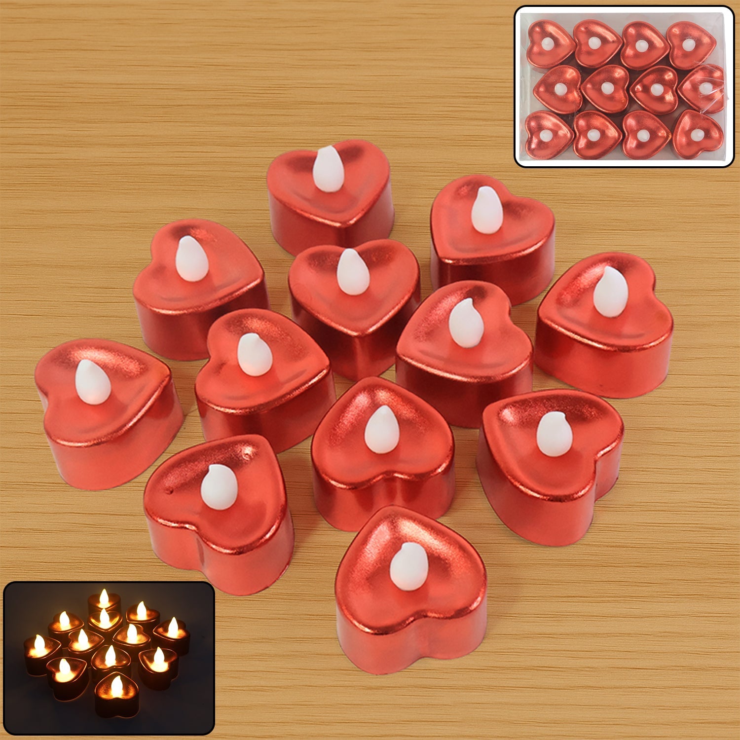 Mix color heart shaped LED tea light candles glowing warmly