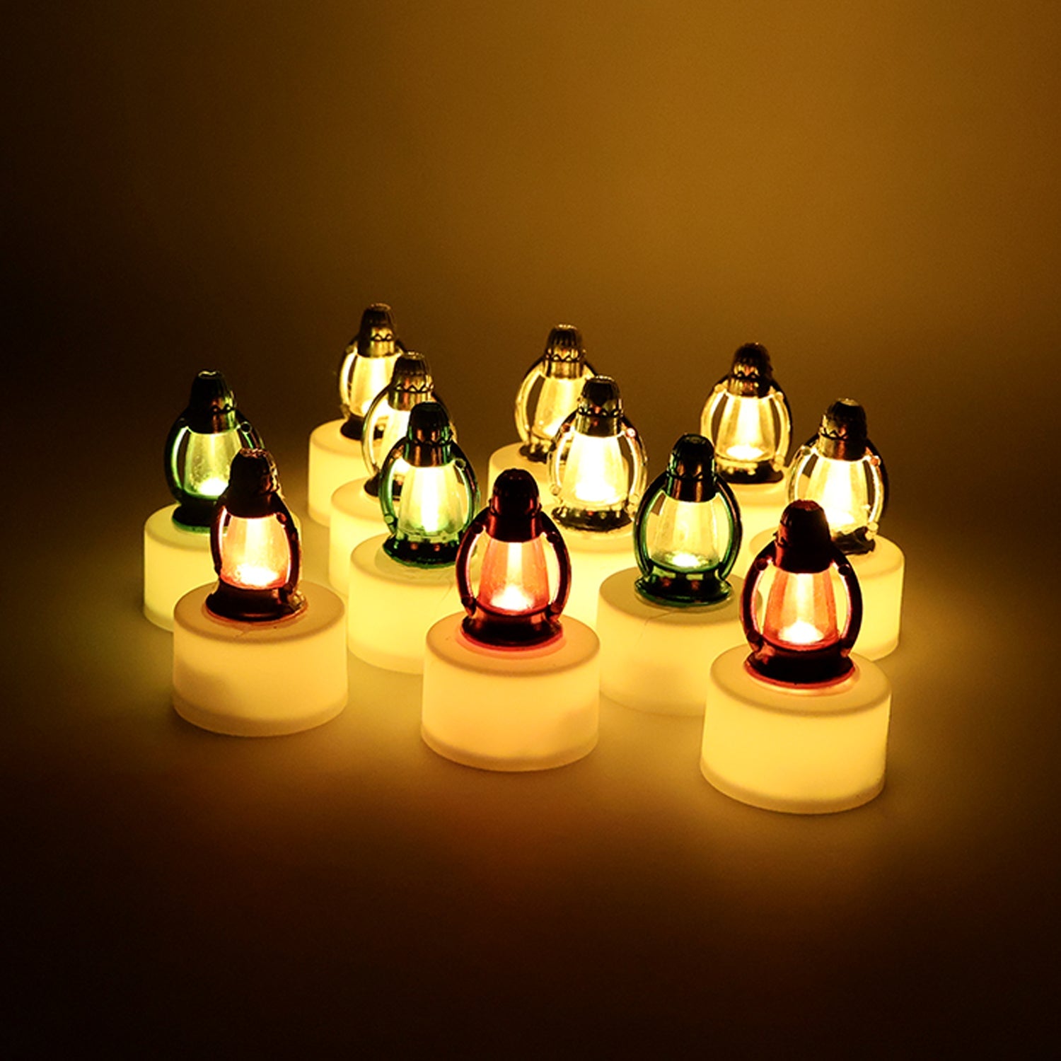 Close-up of decorative LED candle lamps creating warm festive ambiance